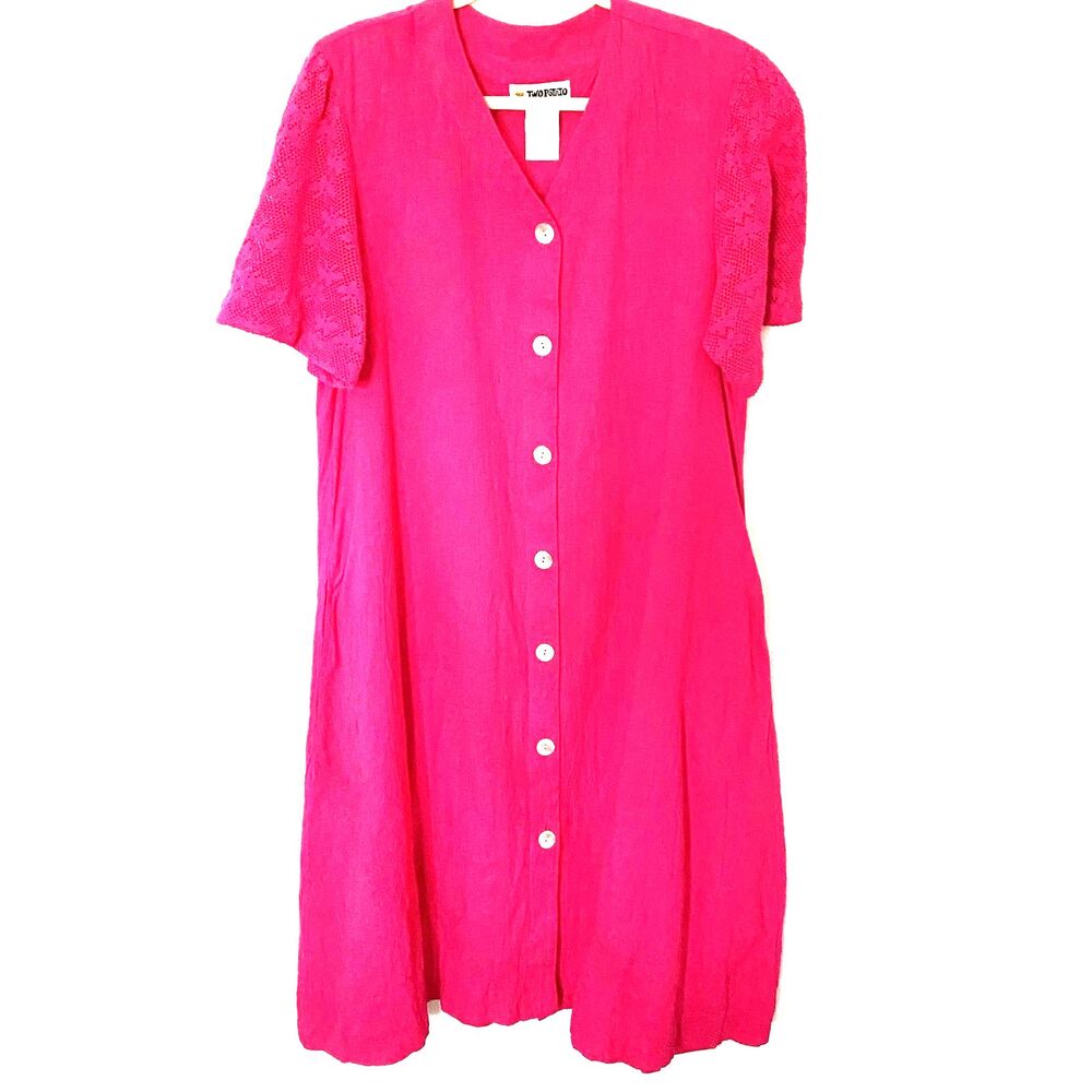 VTG Two Potato of Laguna Beach Calif Fuchsia Midi Button Up Cotton Tent Dress L